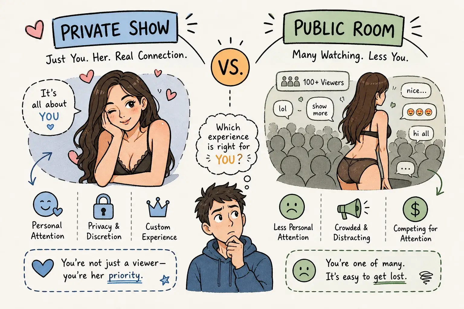 How private cam shows differ from free public rooms
